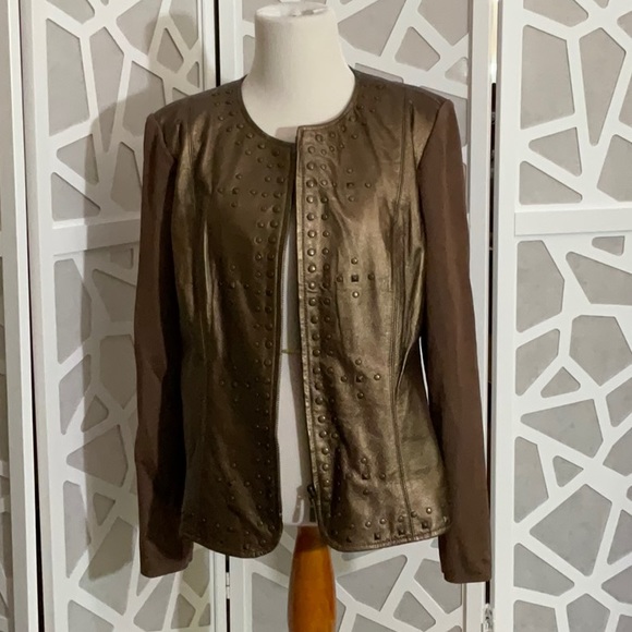 Peter Nygard 100% leather metallic brown gold jacket